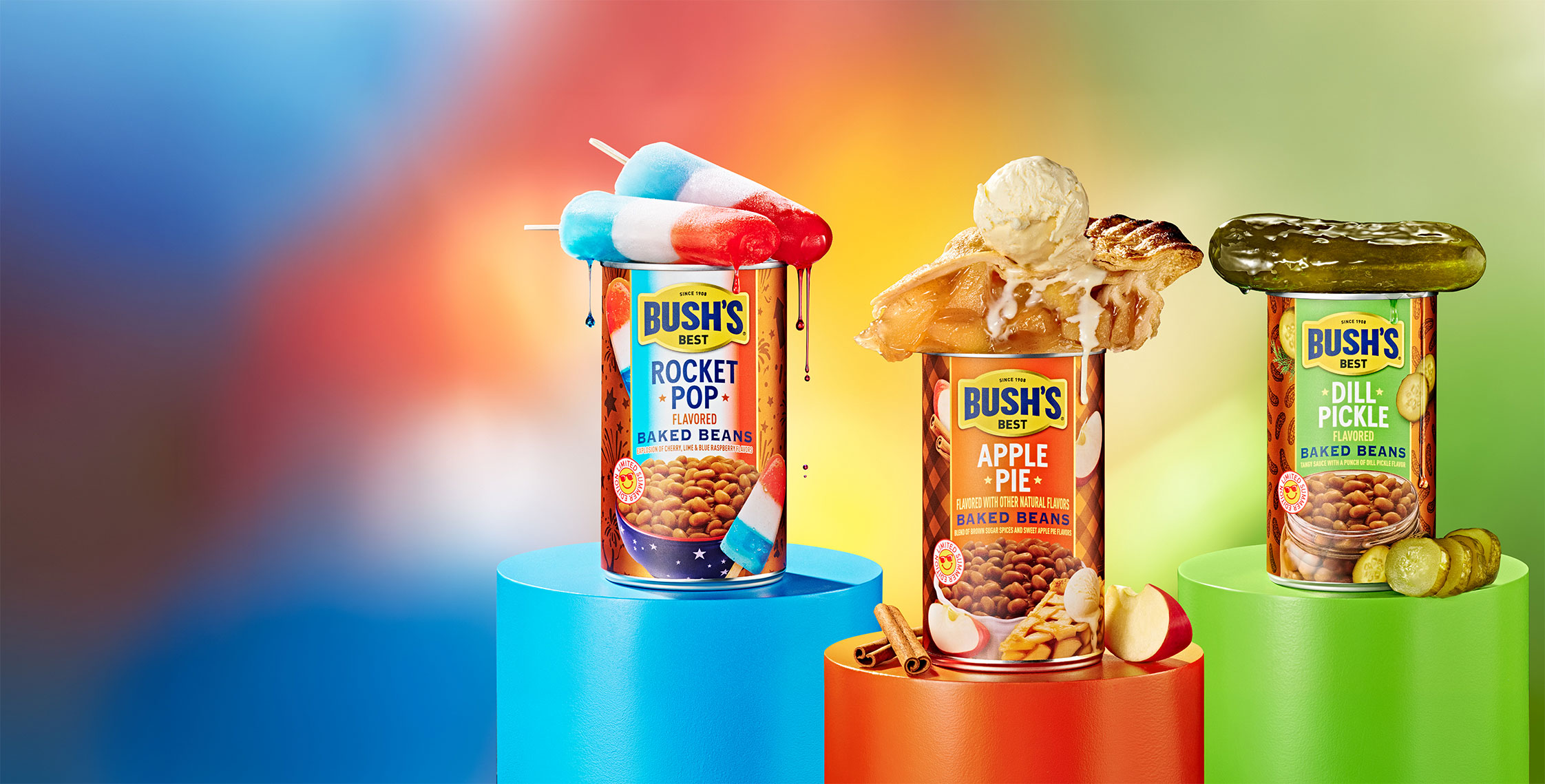 Bush's limited-time flavors: Rocket Pop, Apple Pie, and Dill Pickle.